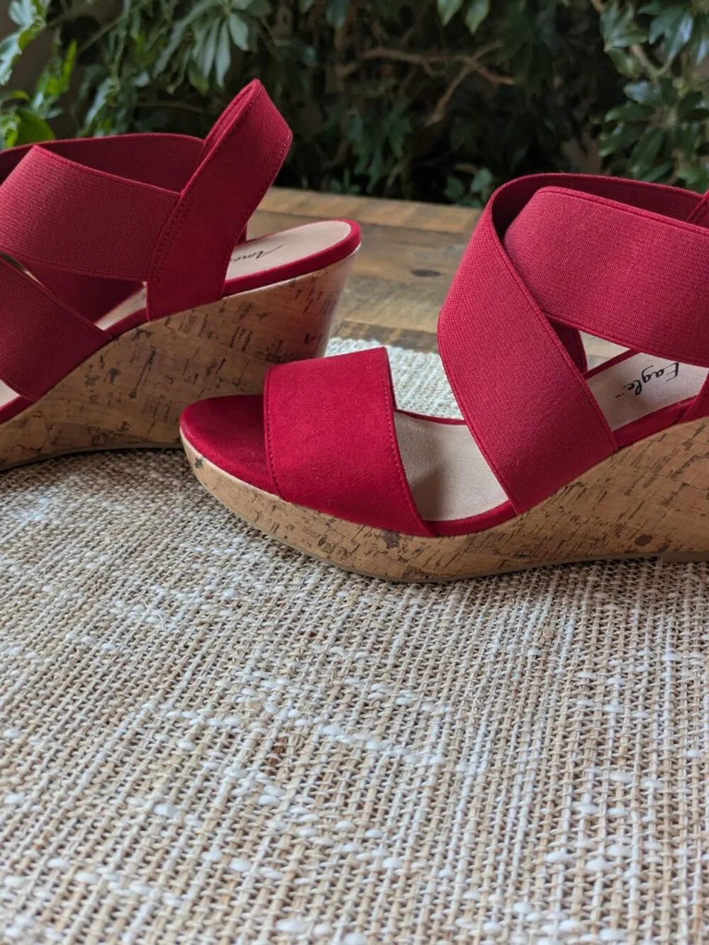 american eagle red elastic strap suede cross front cork wedges #544